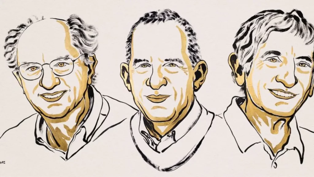 Illustration des trois lauréats américains du prix Nobel de physique 2025, récompensés pour leurs recherches sur la matière quantique.