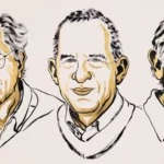 Illustration des trois lauréats américains du prix Nobel de physique 2025, récompensés pour leurs recherches sur la matière quantique.