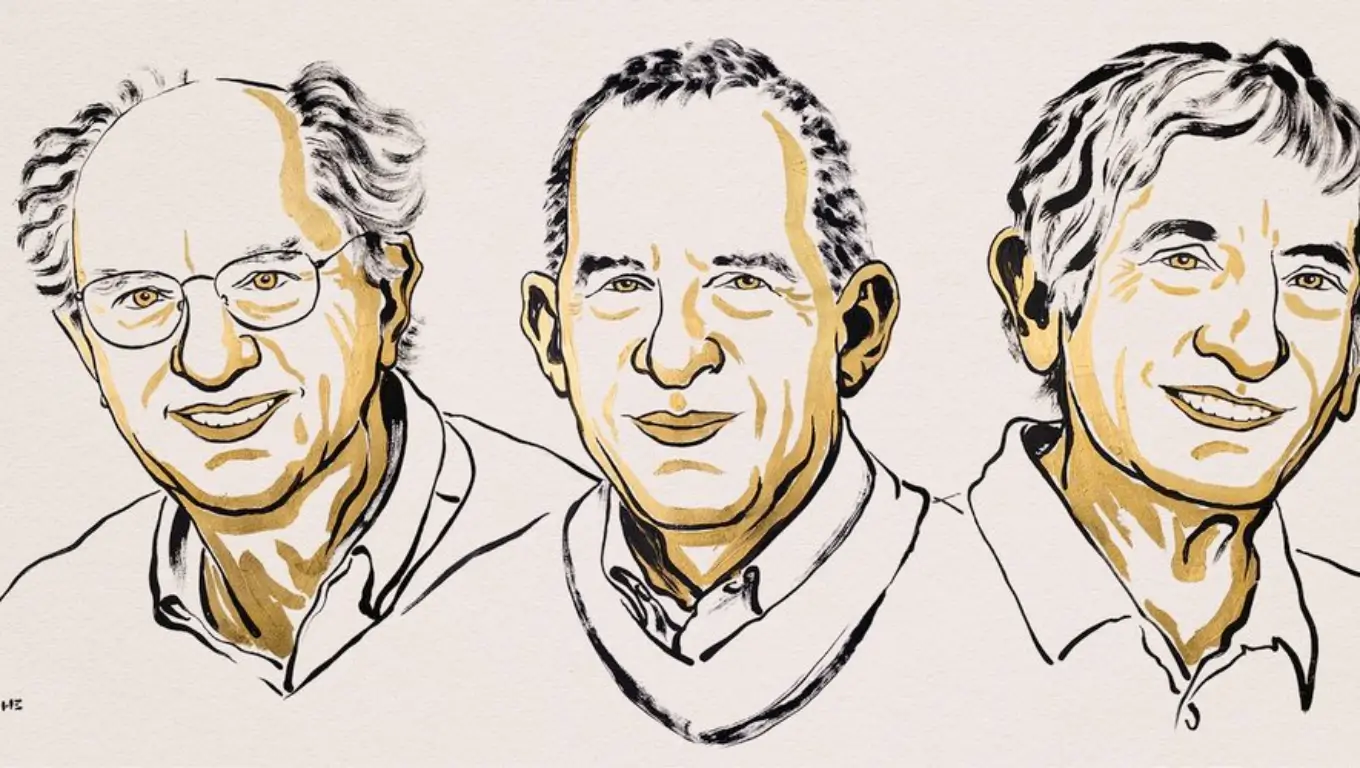 Illustration des trois lauréats américains du prix Nobel de physique 2025, récompensés pour leurs recherches sur la matière quantique.