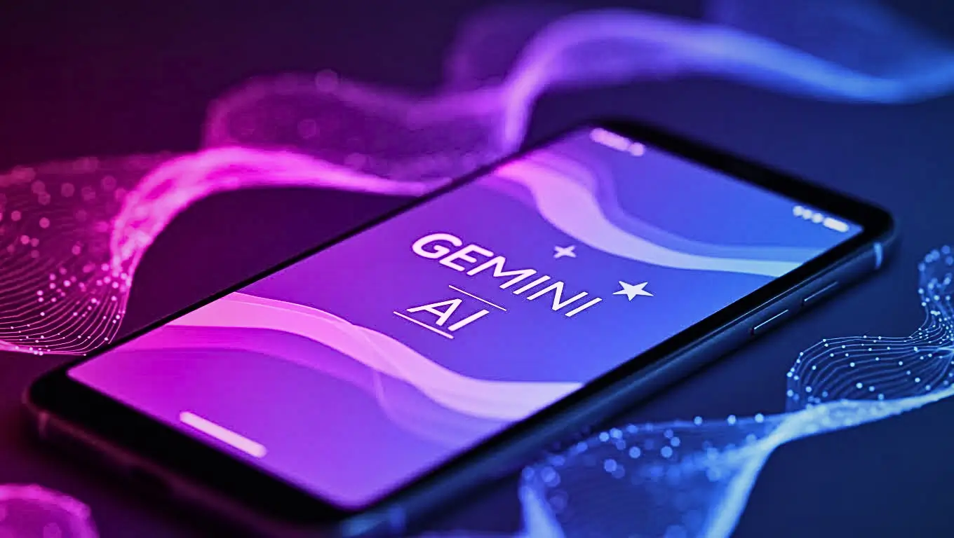 Smartphone affichant l’écran de l’application Gemini AI de Google, dans des tons violets futuristes évoquant l’intelligence artificielle.