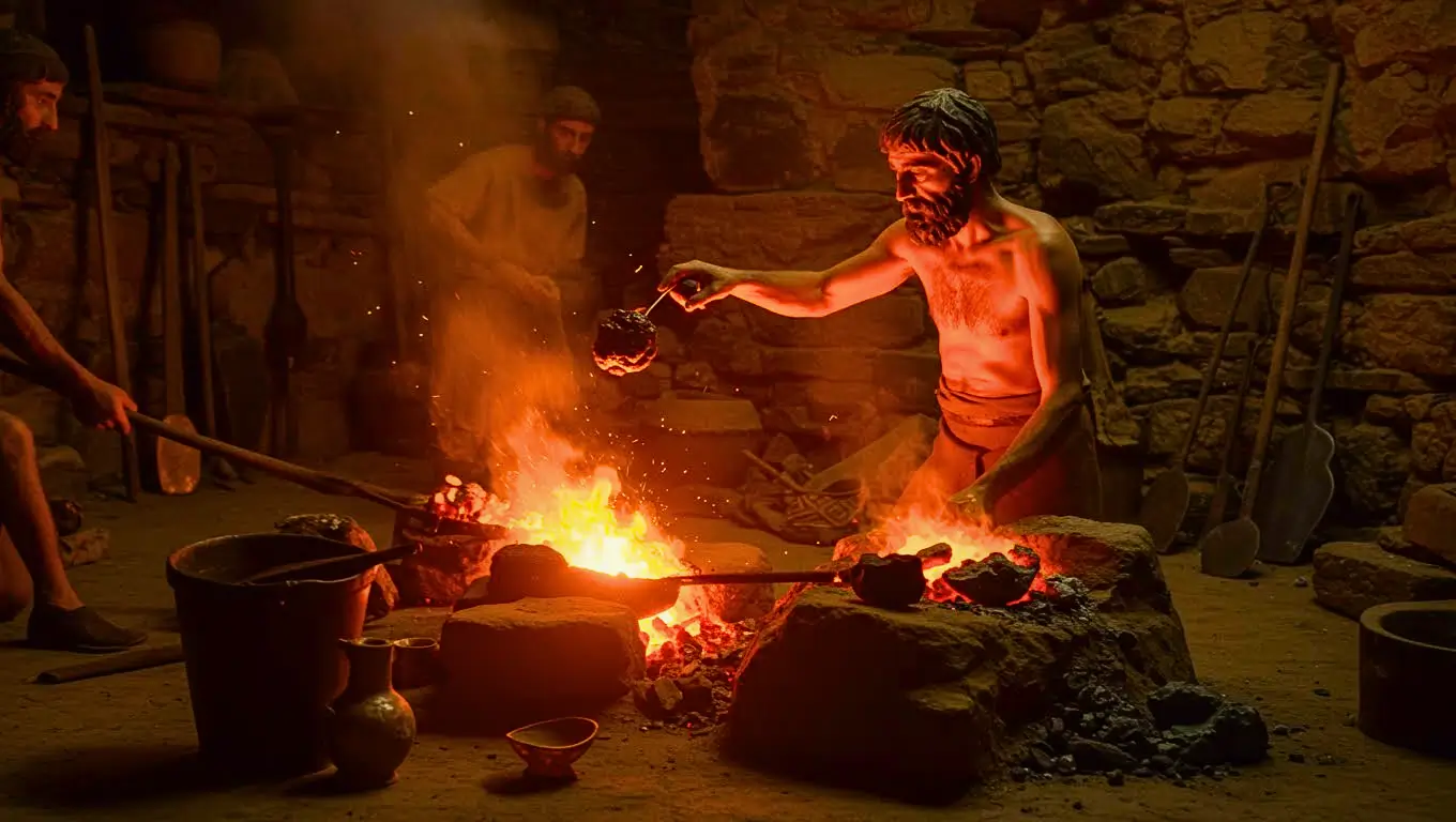Reconstitution d’un atelier de métallurgie de l’âge du fer, montrant des artisans travaillant autour d’un feu ardent dans une forge antique en pierre.