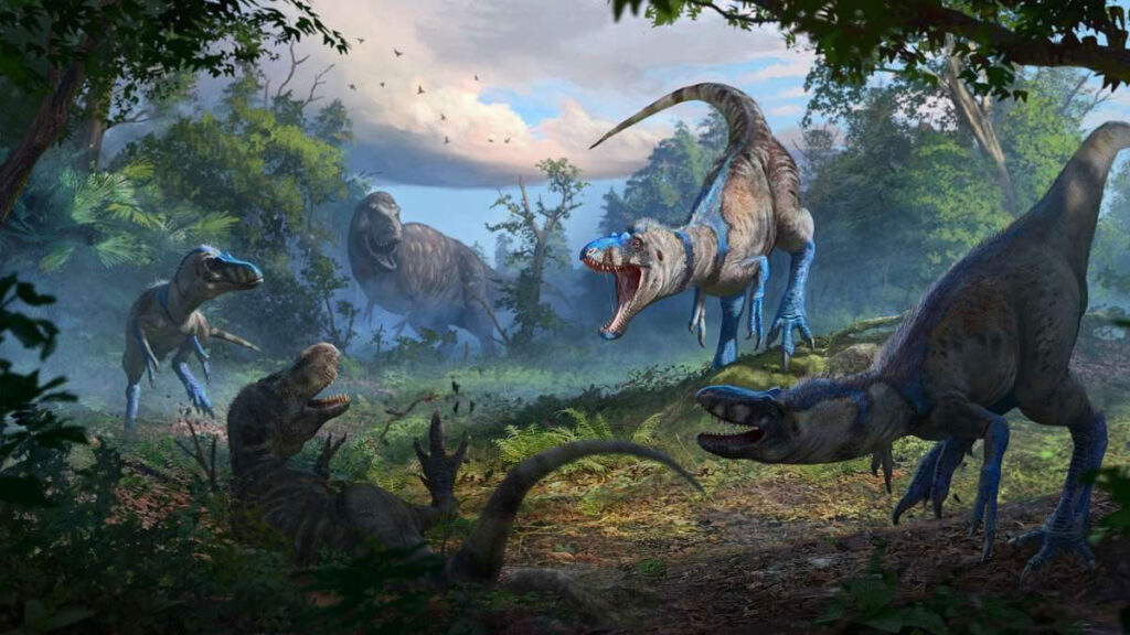 d’artiste d’un groupe de nanotyrannosaures s’attaquant à un T.rex juvénile