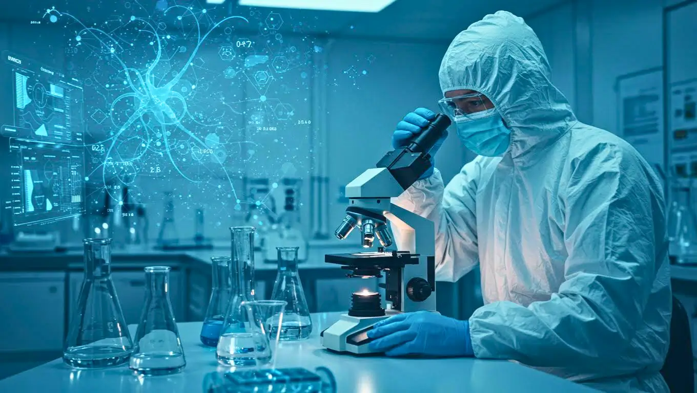 Chercheur en combinaison de protection observant un échantillon au microscope dans un laboratoire futuriste, entouré d’écrans affichant des données biologiques et neuronales.