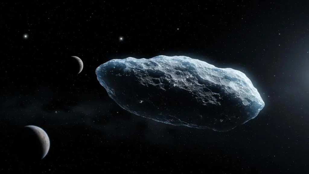 Illustration d’un objet interstellaire ancien voyageant dans l’espace, possible semeur de vie dans le système solaire.