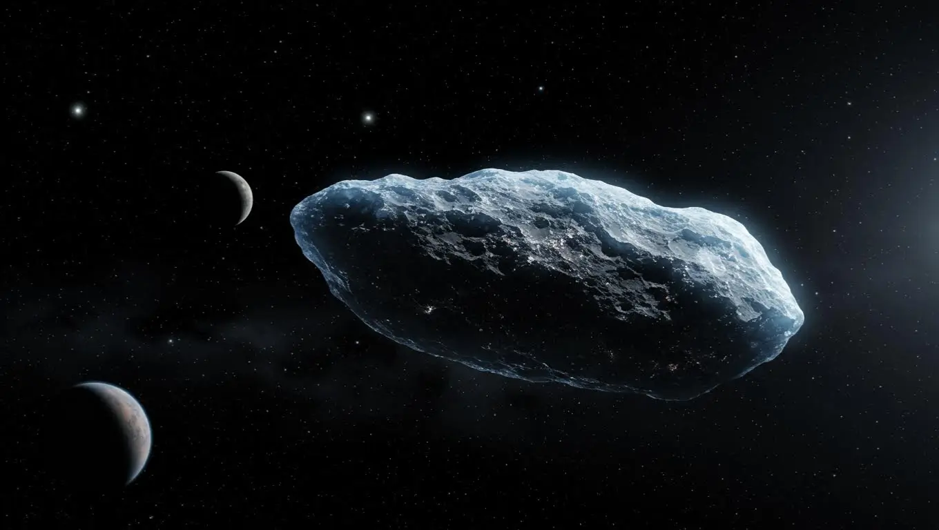 Illustration d’un objet interstellaire ancien voyageant dans l’espace, possible semeur de vie dans le système solaire.