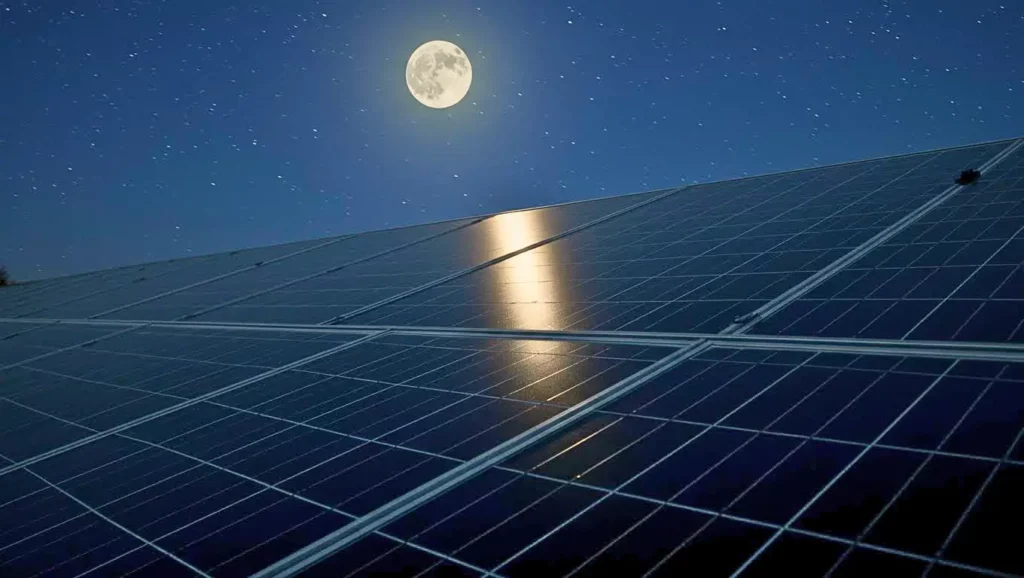 Panneaux solaires sous un ciel étoilé reflétant la lumière de la pleine Lune, illustrant la production d’énergie lunaire nocturne.