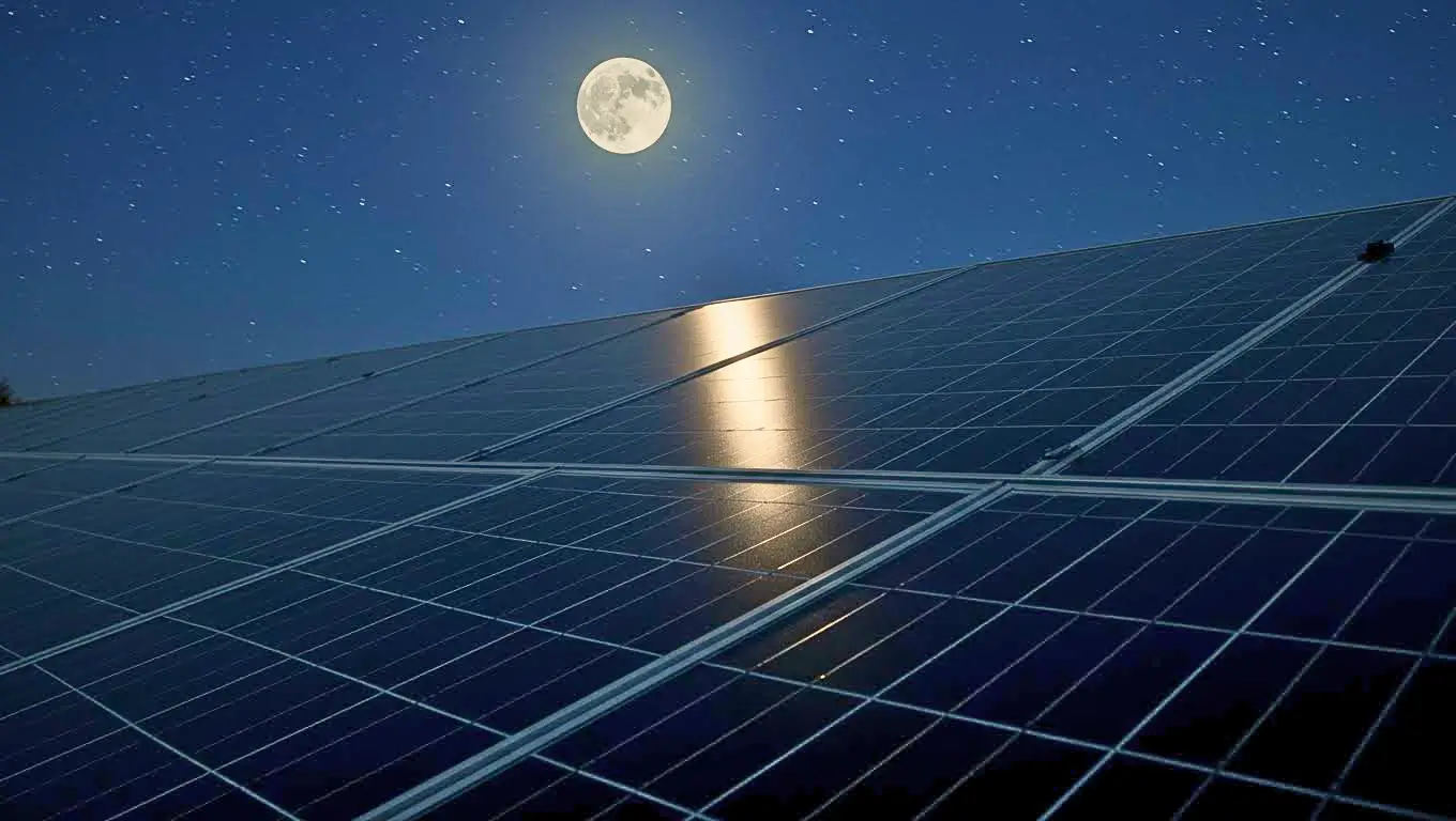 Panneaux solaires sous un ciel étoilé reflétant la lumière de la pleine Lune, illustrant la production d’énergie lunaire nocturne.
