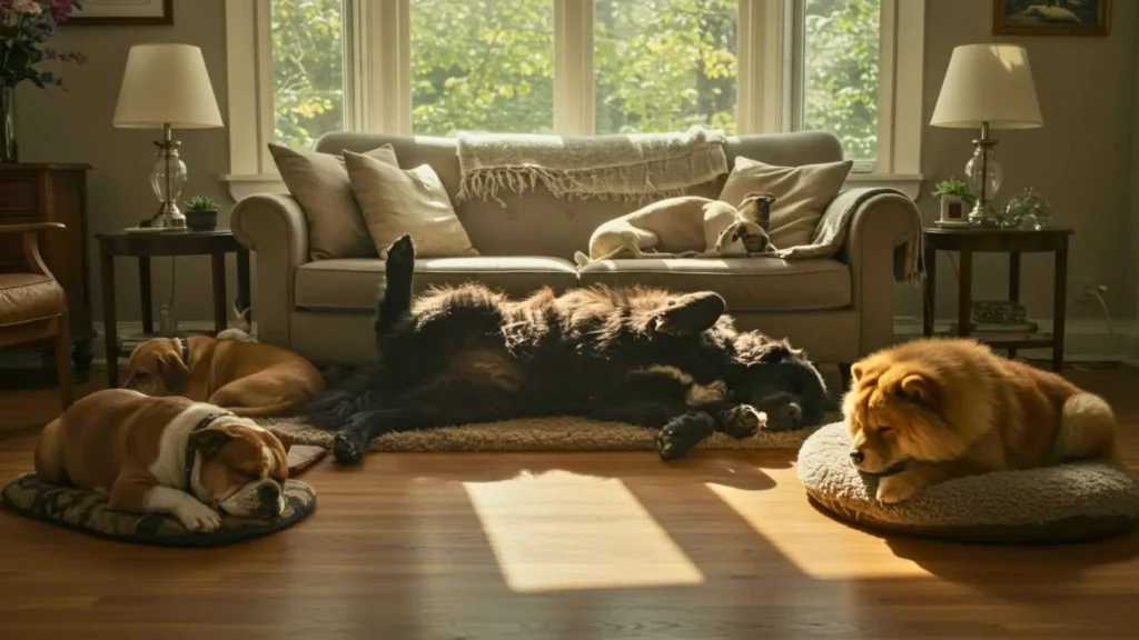 Chiens de différentes races endormis dans un salon ensoleillé, allongés sur des coussins et le sol devant un canapé.