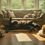 Chiens de différentes races endormis dans un salon ensoleillé, allongés sur des coussins et le sol devant un canapé.