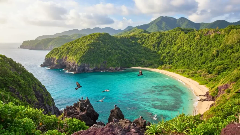 Vue aérienne d’une île japonaise verdoyante entourée d’eau turquoise, bordée d’une plage de sable fin, avec des oiseaux en vol au premier plan.