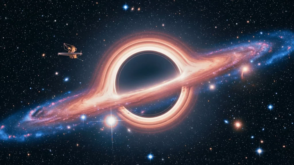 Illustration d’un trou noir supermassif entouré de lumière dans l’espace