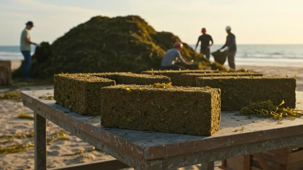 Briques écologiques faites à partir d’algues marines sur une plage, utilisées comme matériau de construction durable