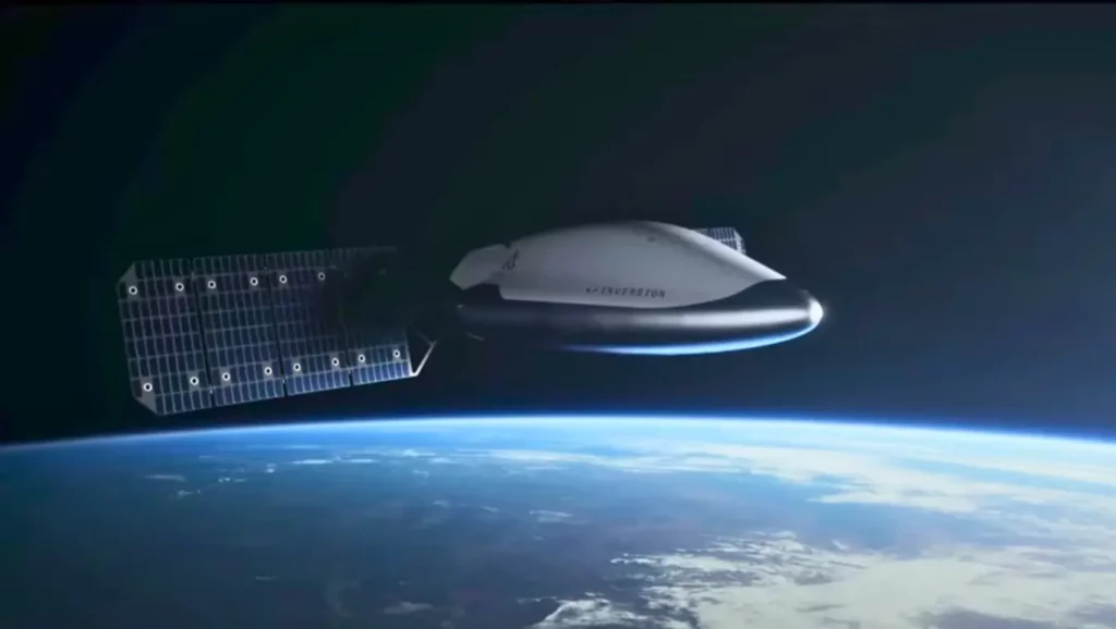 Vaisseau spatial ARC en orbite au-dessus de la Terre, équipé de panneaux solaires et conçu pour des livraisons ultra-rapides autour du globe.