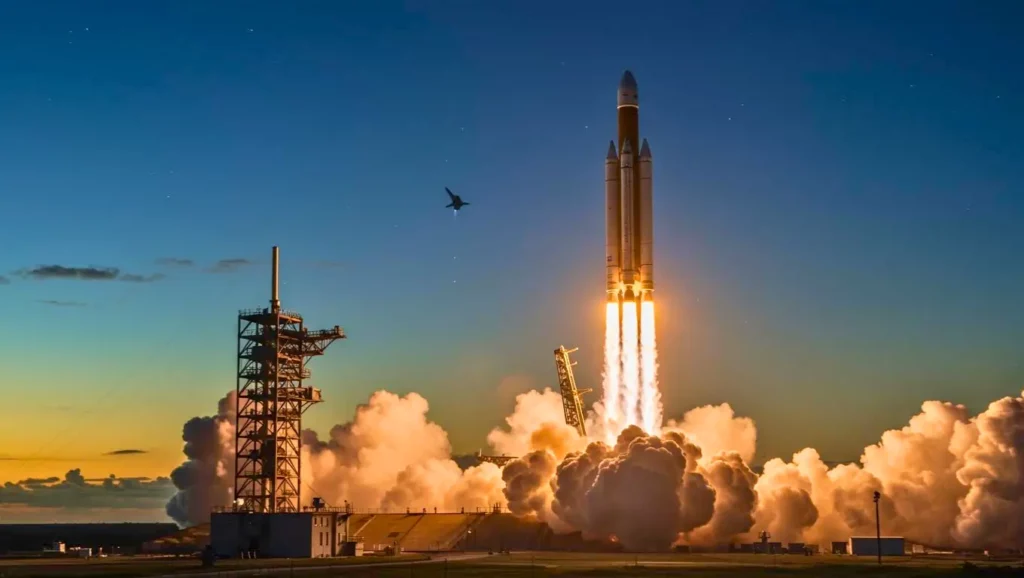 Fusée Ariane en plein décollage, propulseurs allumés et nuage de fumée au pas de tir, symbolisant les efforts spatiaux européens.