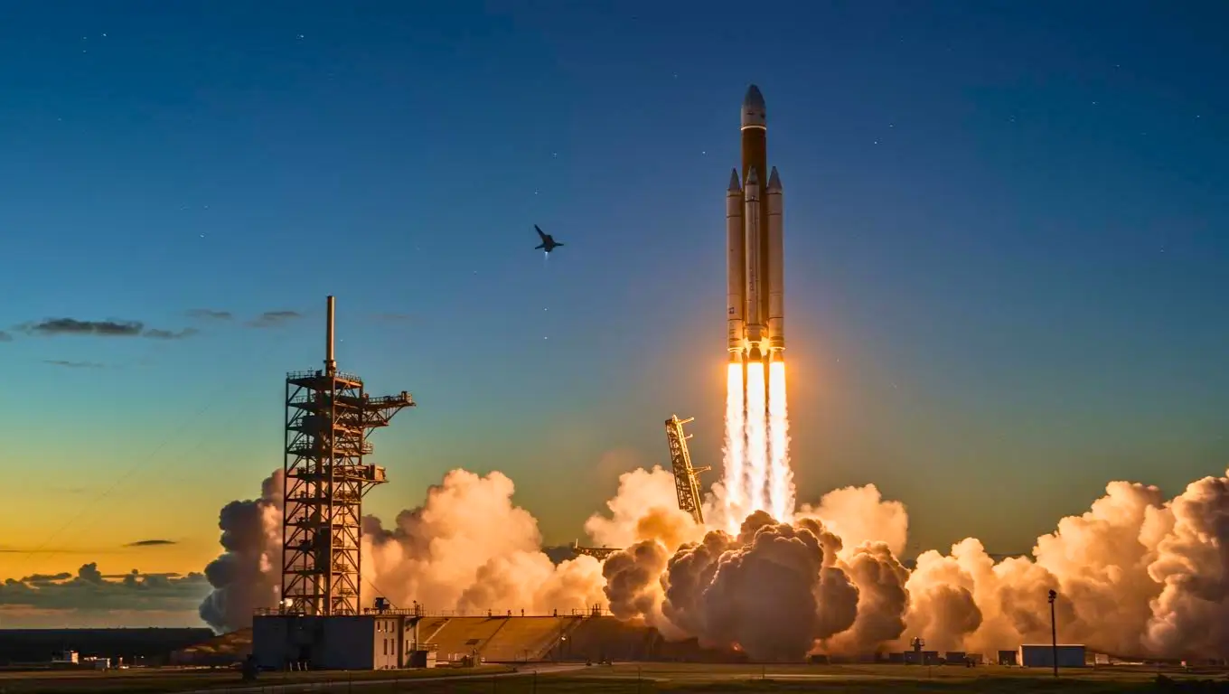 Fusée Ariane en plein décollage, propulseurs allumés et nuage de fumée au pas de tir, symbolisant les efforts spatiaux européens.