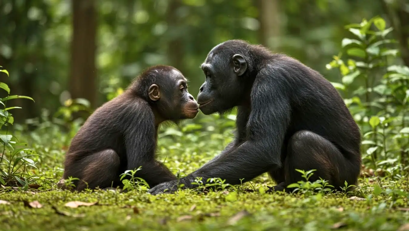 Deux bonobos assis face à face dans une forêt tropicale, se touchant le museau dans un geste de contact social, entourés de végétation verte.