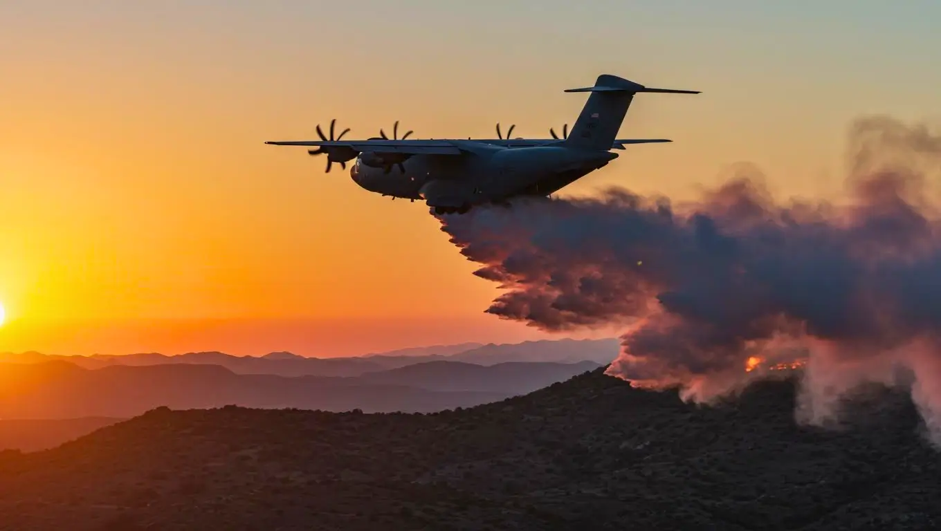 Avion militaire Airbus A400M larguant de l’eau ou du retardant sur un incendie au coucher du soleil, au-dessus de collines.