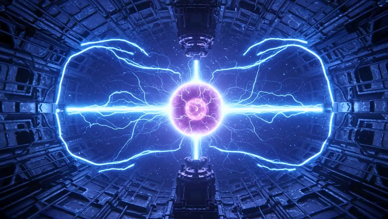 Visualisation d’un champ magnétique bleu intense entourant un cœur énergétique dans une installation de fusion nucléaire.