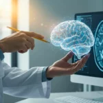 Médecin en blouse blanche observant un modèle 3D de cerveau holographique devant un écran montrant des images de scanner cérébral, illustrant la détection précoce d’Alzheimer.