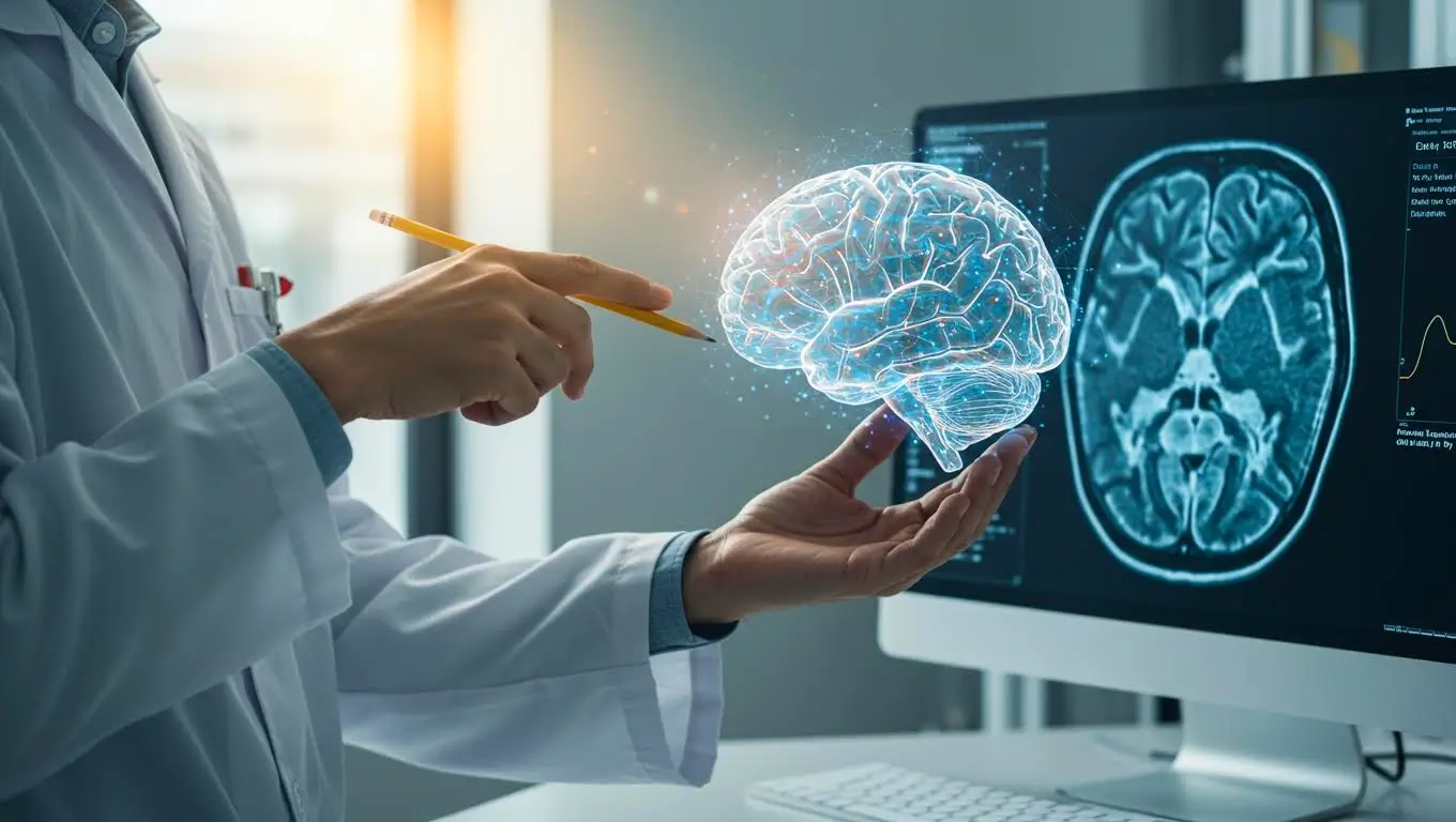 Médecin en blouse blanche observant un modèle 3D de cerveau holographique devant un écran montrant des images de scanner cérébral, illustrant la détection précoce d’Alzheimer.