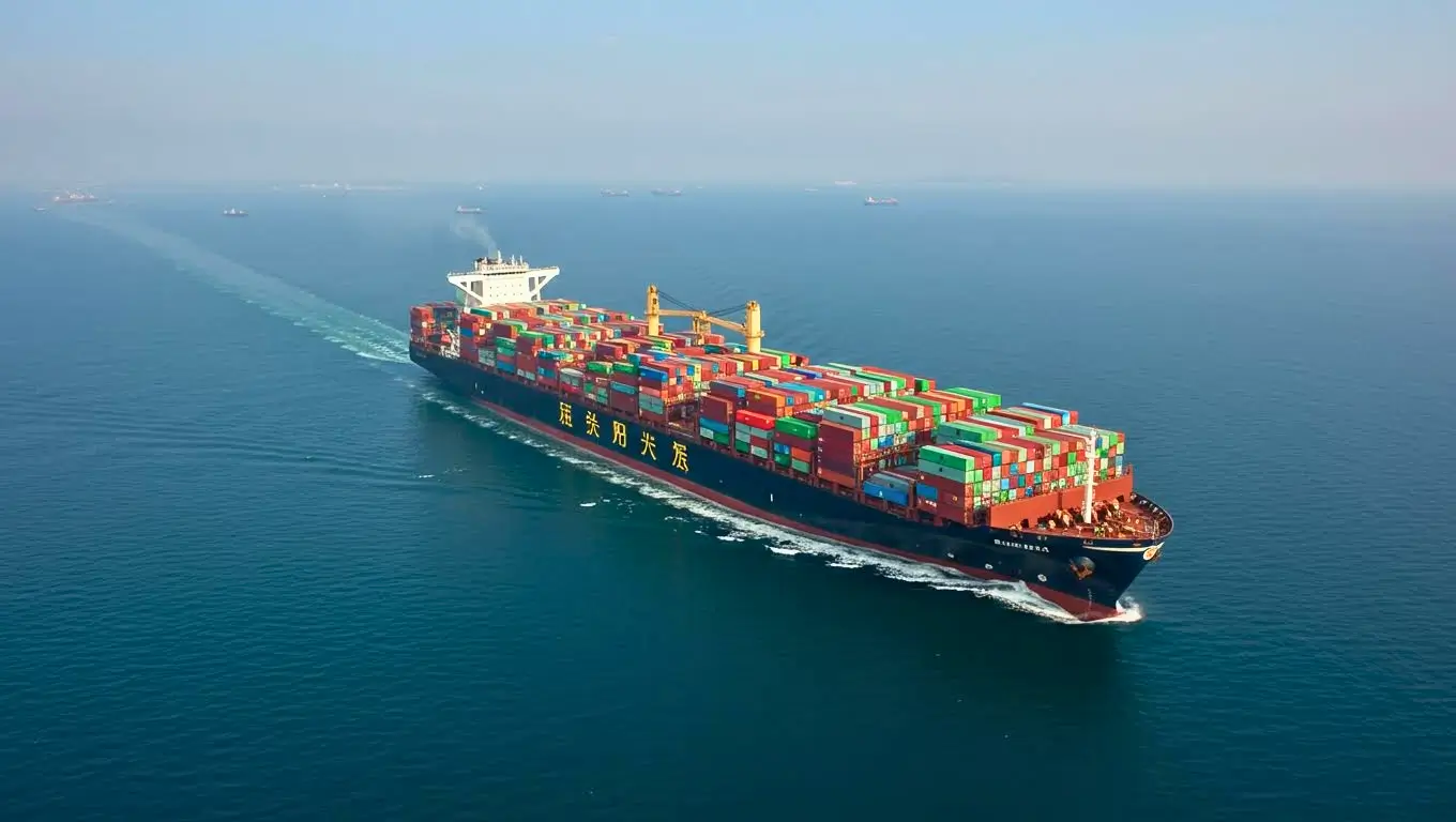 Vue aérienne d’un cargo chinois transportant des centaines de conteneurs colorés en pleine mer, symbole des nouvelles avancées technologiques du transport maritime.