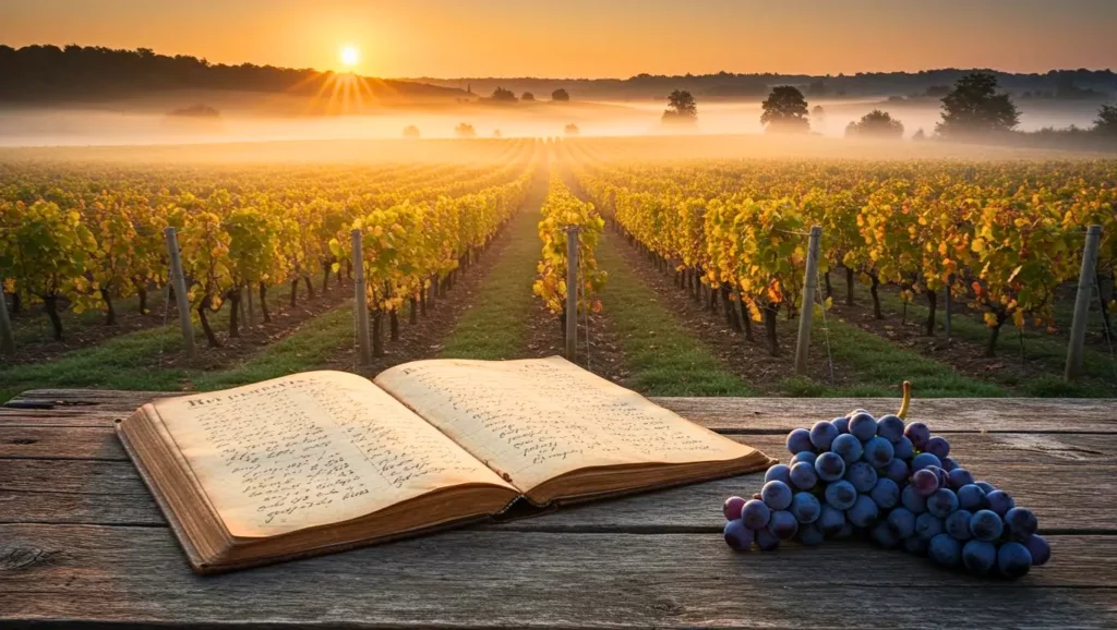 Ancien carnet de vendanges ouvert sur une table en bois, avec des grappes de raisin et un vignoble baigné de soleil en arrière-plan.