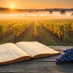 Ancien carnet de vendanges ouvert sur une table en bois, avec des grappes de raisin et un vignoble baigné de soleil en arrière-plan.