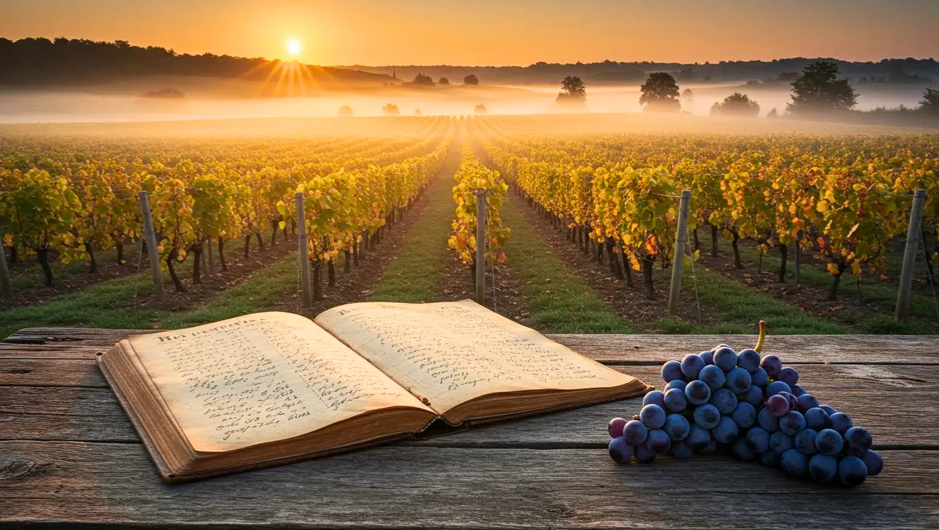 Ancien carnet de vendanges ouvert sur une table en bois, avec des grappes de raisin et un vignoble baigné de soleil en arrière-plan.