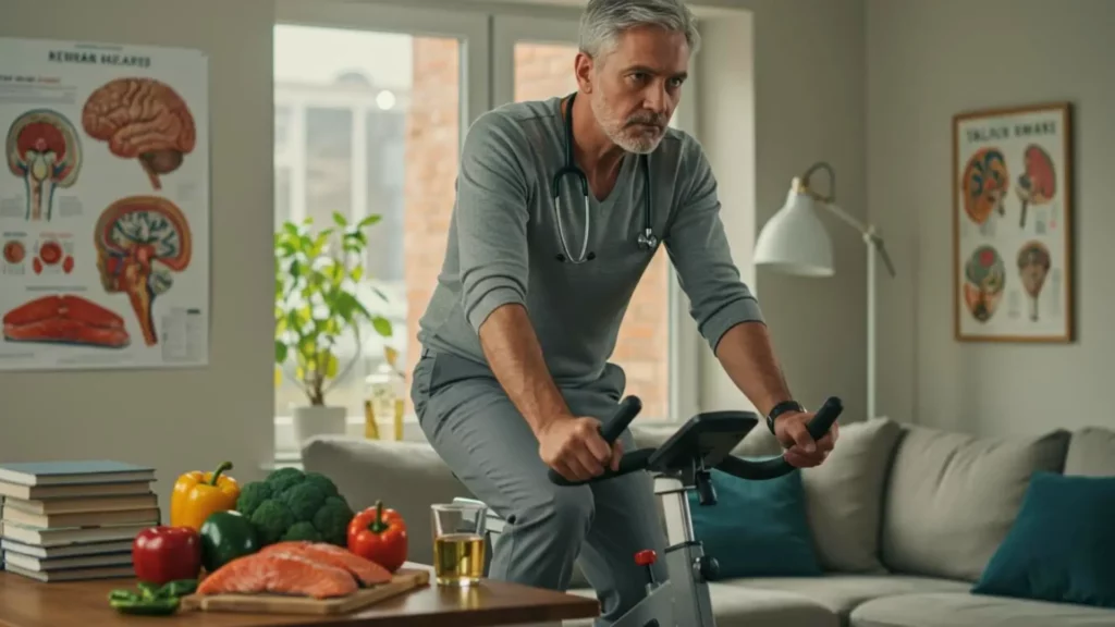 Neurologue faisant du vélo d’intérieur dans son bureau, entouré d’aliments sains et de posters du cerveau.