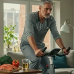 Neurologue faisant du vélo d’intérieur dans son bureau, entouré d’aliments sains et de posters du cerveau.