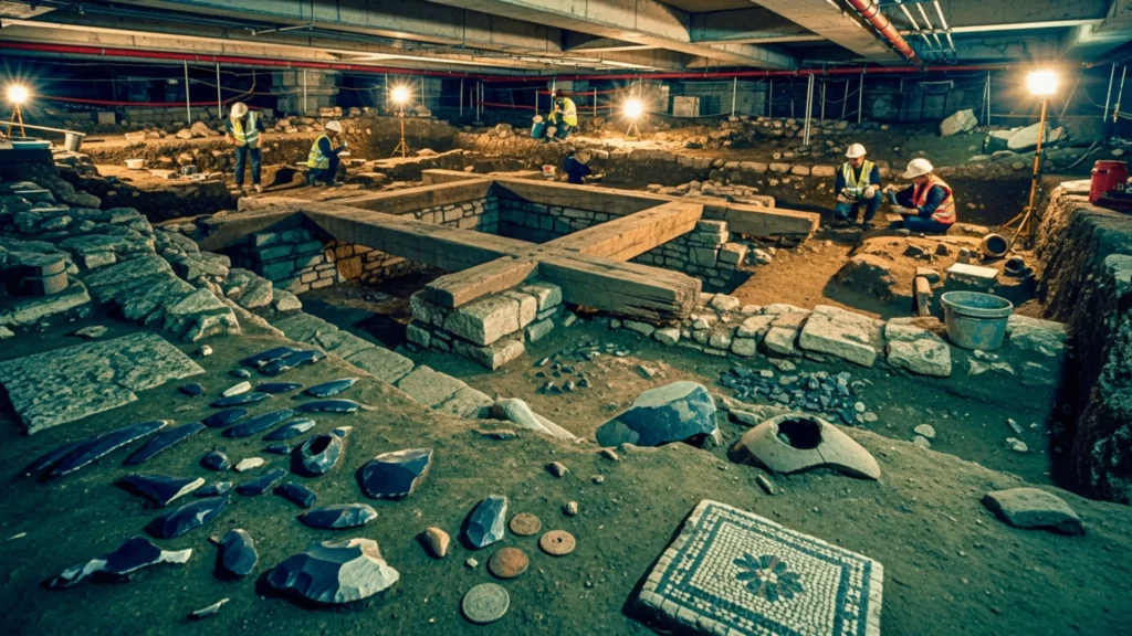 Site archéologique sous un bâtiment moderne avec archéologues et artefacts anciens