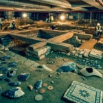 Site archéologique sous un bâtiment moderne avec archéologues et artefacts anciens