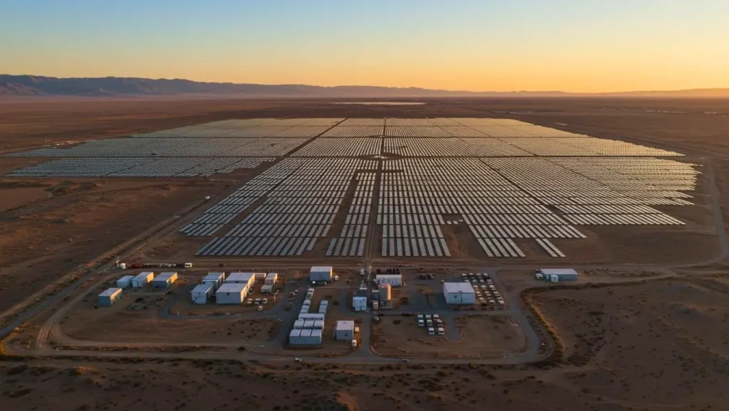 Vue aérienne d’une immense centrale solaire dans le désert, avec d’innombrables panneaux photovoltaïques alignés en rangées régulières.