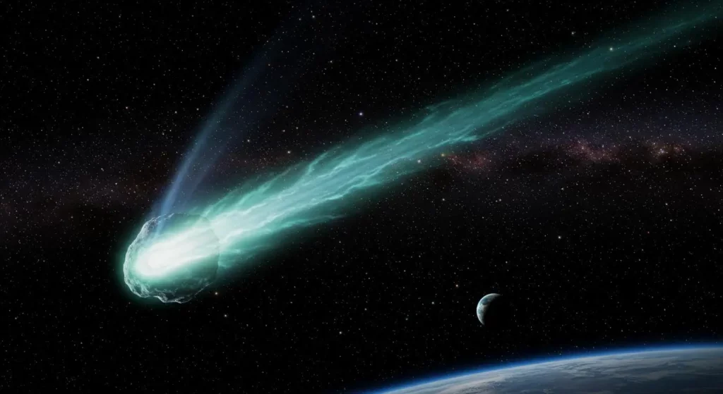 Comète interstellaire lumineuse traversant l’espace avec une longue traînée verdâtre, visible au-dessus de la Terre.