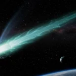 Comète interstellaire lumineuse traversant l’espace avec une longue traînée verdâtre, visible au-dessus de la Terre.