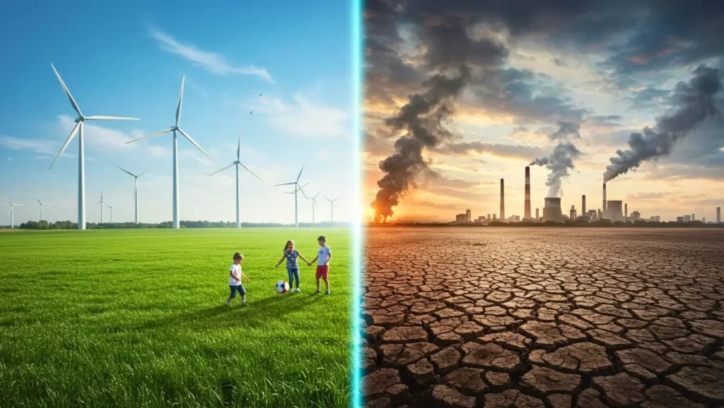 Illustration divisée en deux : à gauche, un paysage verdoyant avec des éoliennes et des enfants jouant ; à droite, un sol aride et des usines dégageant de la fumée, symbolisant le choix entre écologie et pollution.