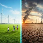 Illustration divisée en deux : à gauche, un paysage verdoyant avec des éoliennes et des enfants jouant ; à droite, un sol aride et des usines dégageant de la fumée, symbolisant le choix entre écologie et pollution.
