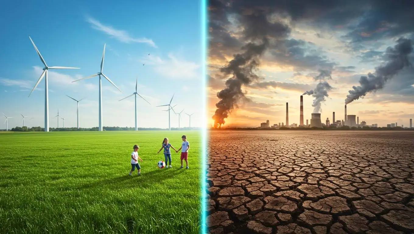Illustration divisée en deux : à gauche, un paysage verdoyant avec des éoliennes et des enfants jouant ; à droite, un sol aride et des usines dégageant de la fumée, symbolisant le choix entre écologie et pollution.