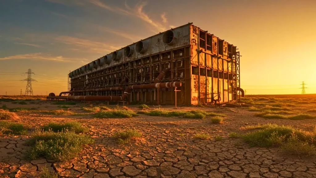 Ancien bâtiment industriel rouillé dans un paysage désertique, avec sol fissuré et herbes clairsemées au coucher du soleil.
