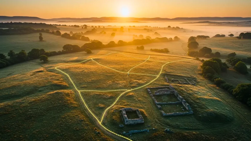Vue aérienne au lever du soleil montrant des ruines antiques et des tracés lumineux révélant d’anciennes routes romaines détectées par la technologie LiDAR.