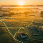 Vue aérienne au lever du soleil montrant des ruines antiques et des tracés lumineux révélant d’anciennes routes romaines détectées par la technologie LiDAR.