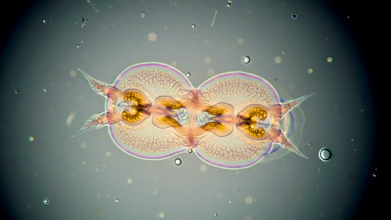 Vue microscopique colorée d’un ver à deux têtes symétriques, avec des structures internes dorées et des appendices pointus, flottant dans un milieu liquide.