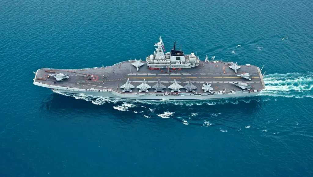 Porte-avions chinois naviguant en mer, avec plusieurs avions de chasse sur le pont d’envol, illustrant les progrès technologiques de la marine chinoise.