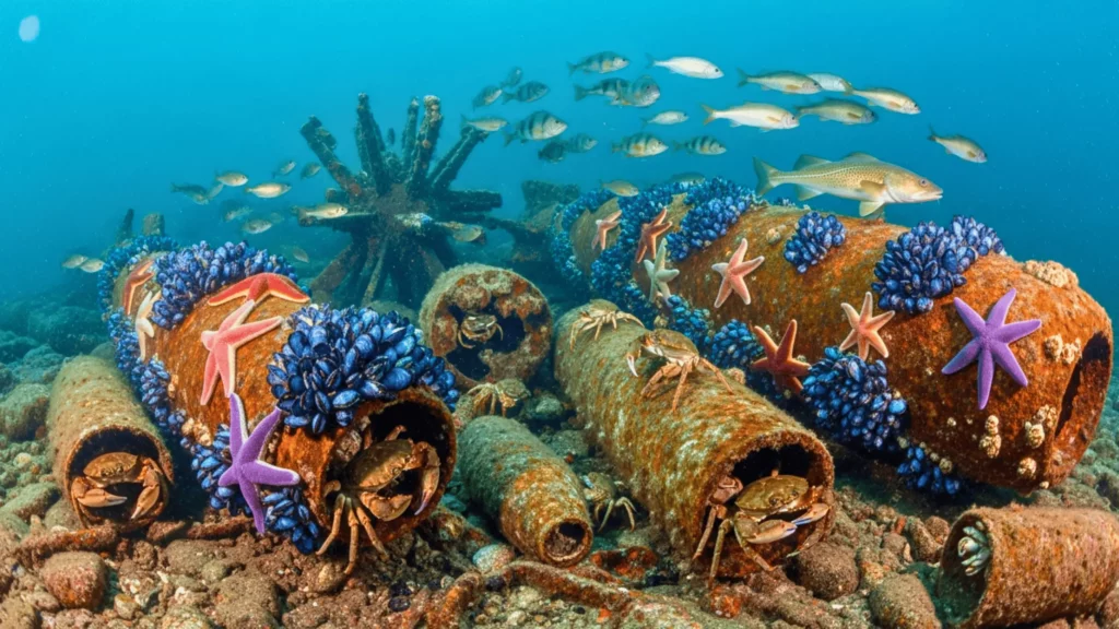 Étoiles de mer, crabes et moules sur des épaves sous-marines rouillées