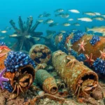 Étoiles de mer, crabes et moules sur des épaves sous-marines rouillées