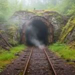 Entrée d’une ancienne mine abandonnée dans la forêt, d’où s’échappe de la vapeur, illustrant les émissions de CO₂ provenant de sites miniers oubliés.