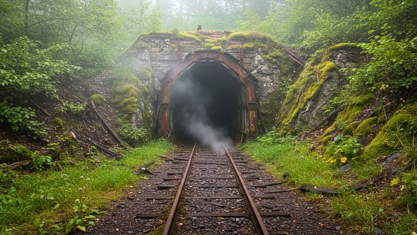 Entrée d’une ancienne mine abandonnée dans la forêt, d’où s’échappe de la vapeur, illustrant les émissions de CO₂ provenant de sites miniers oubliés.