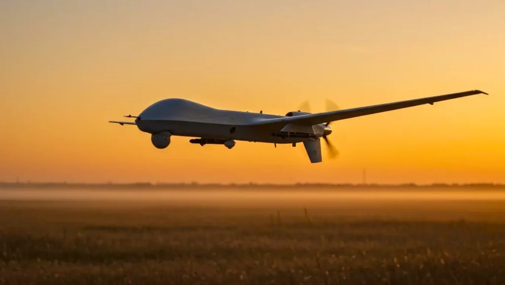 Drone militaire en vol à basse altitude au-dessus d’un champ au coucher du soleil, représentant les nouveaux modèles produits en Ukraine pour les opérations de défense.
