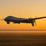 Drone militaire en vol à basse altitude au-dessus d’un champ au coucher du soleil, représentant les nouveaux modèles produits en Ukraine pour les opérations de défense.