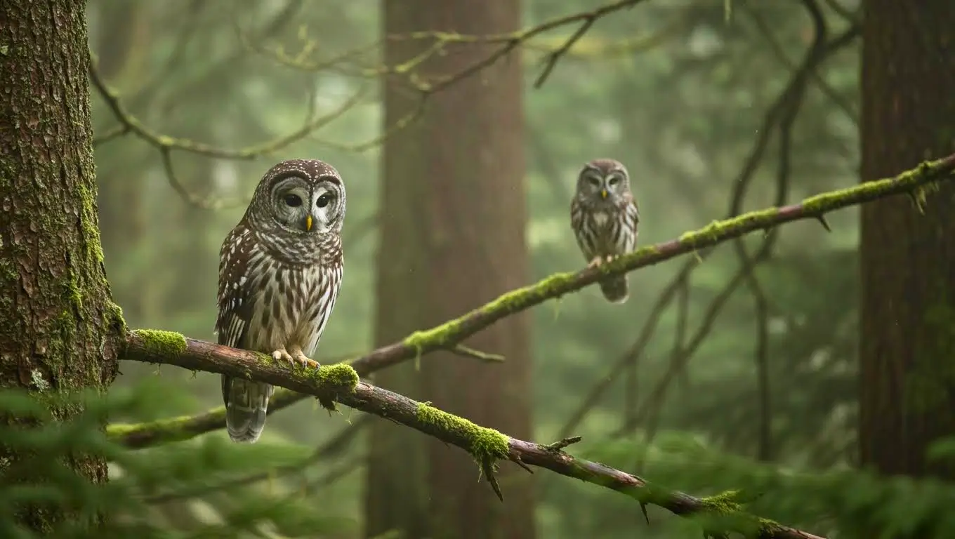 Deux chouettes perchées sur une branche couverte de mousse dans une forêt brumeuse, illustrant le débat sur la gestion des espèces protégées aux États-Unis.